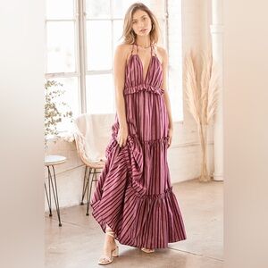 Lulu’s Vacay Babe Burgundy Striped Halter Maxi Dress XS